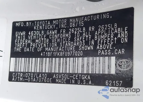 2015 Toyota Camry Xle z USA, uszkodzony, nr VIN 4T1BF1FK8FU977020